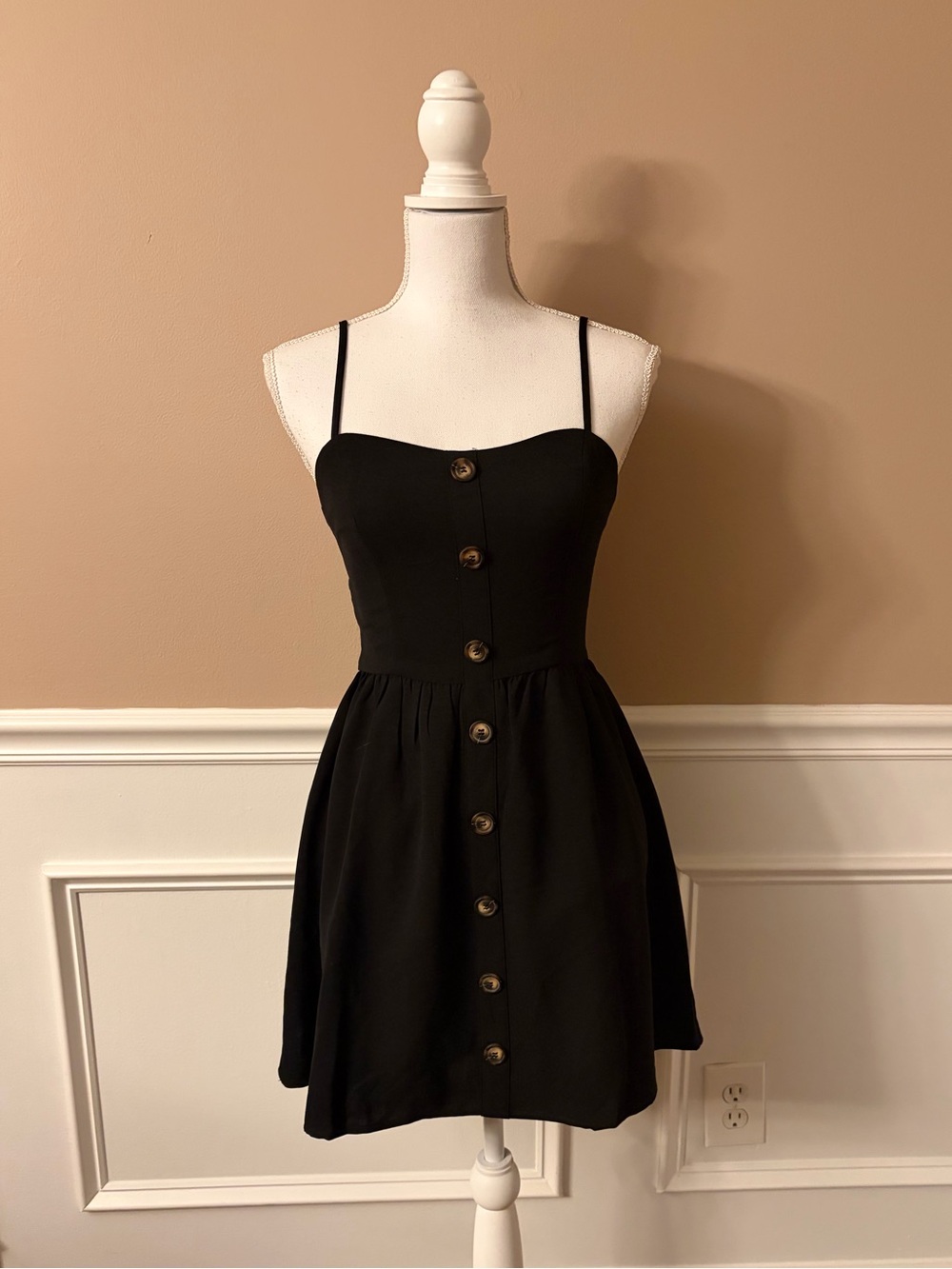 Luvalot Classic Black Spaghetti-Strap Mini Dress with Button Front